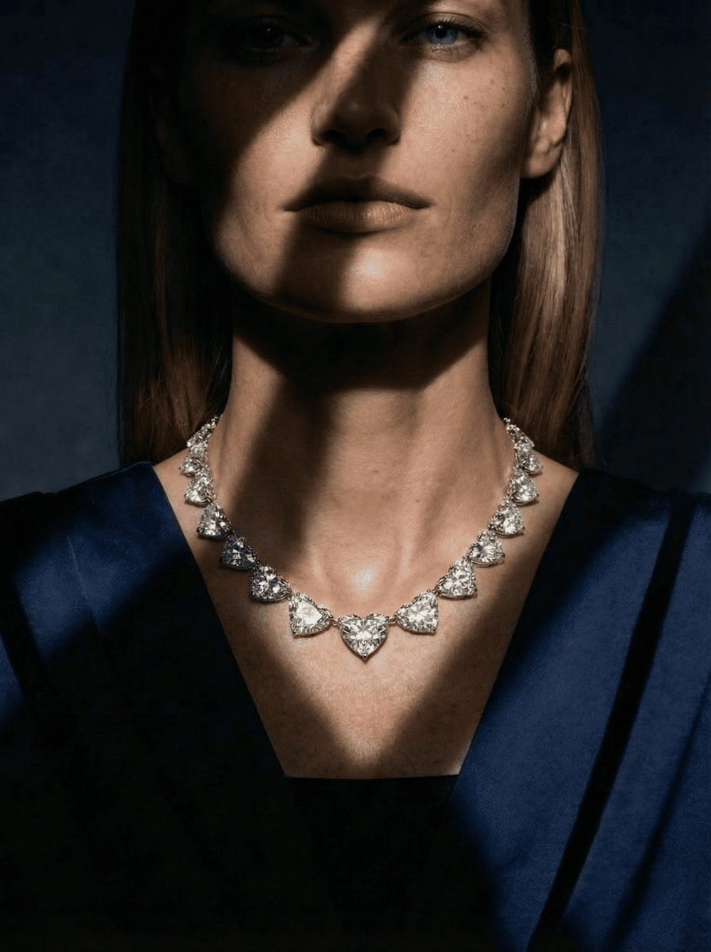 Woman wearing a diamond necklace against a dark background